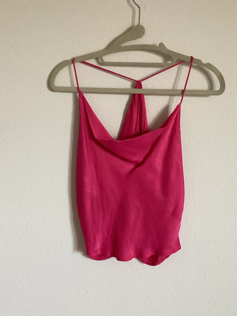 Satin Cowl Neck Spaghetti Strap Tank Top - Hot Pink